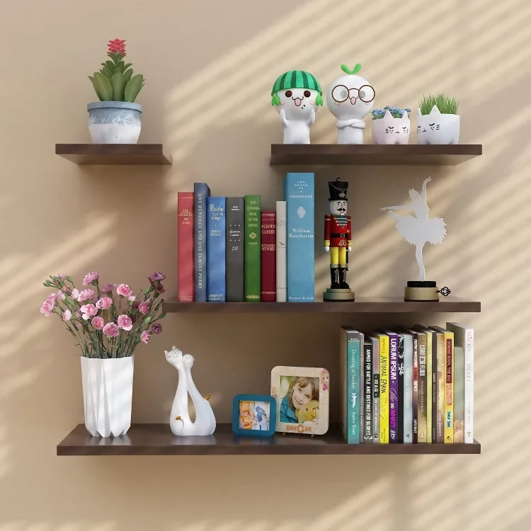 AKW 4 Floating Shelves, Multifunctional Set Wooden Wall Shelves, Hanging Rustic Shelves for Bathroom/Bedroom/Living Room/Kitchen/Study (Brown & White)