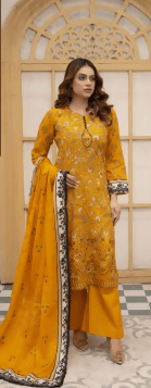 3pc Printed Embroidered lawn shirt Voil Dupatta Dyed Trouser Yellow Colour - ValueBox