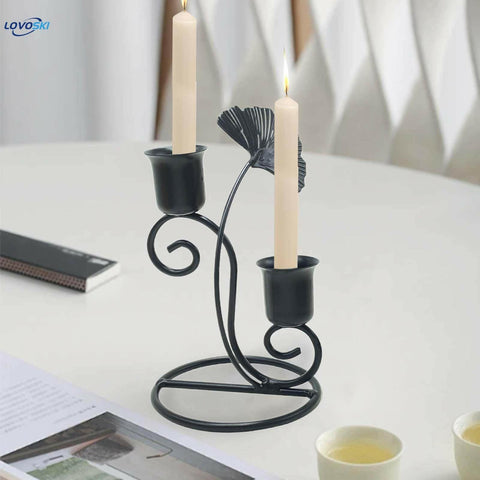 Candle Holder Ginkgo Leaf Double Head Metal Taper Candlestick for Fireplace - ValueBox