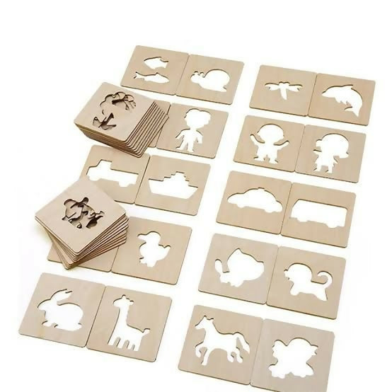 Kids Wooden Drawing Stencils Kit With Puzzle 24 Pes 12 Inner 12 Outer