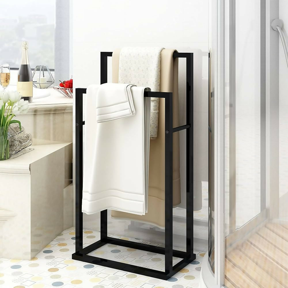 Metal Towel Bathroom Rack 3 Bars Freestanding Drying Shelf Storage Organizer Holder (Black)