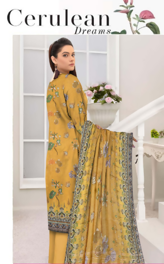 3pc Embroidered Dabi Lawn shirt Voil Dupatta Dyed Trouser Yellow Colour