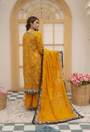 3pc Printed Embroidered lawn shirt Voil Dupatta Dyed Trouser Yellow Colour - ValueBox