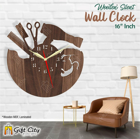 badgeMade by Gift City - Mens Beauty Salon 3D Silent Wooden Wall Clock - Home & Office Decor - Laser Cut