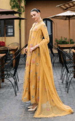 3pc Embroidered lawn shirt Chiffon Dupatta Dyed Trouser Yellow Colour - ValueBox