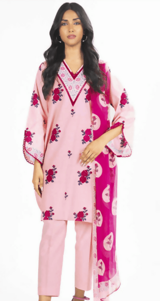 3pc Printed lawn shirt Voil silk Dupatta Dyed Trouser Light Pink Colour - ValueBox