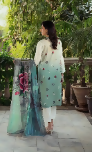 3pc Gold Printed lawn shirt Voil Duptta dyed lawn trouser off white