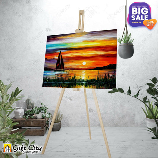 badgeYacht in Sea with Sunset Canvas Painting with Frame Wall Art for Home Decor 8x12 inch / 12x18 inch / 18x24 inch -Gift City