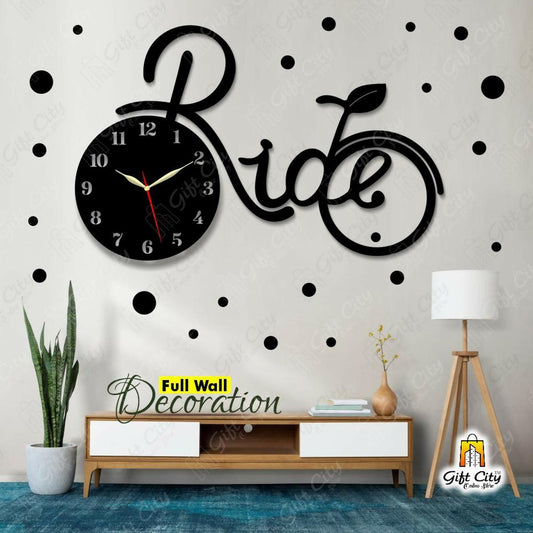 badgeGift City - Ride on Cycle Wooden Wall Clock / 25 Polka Stickers for Home and Offices, 3D Design Self Adhesive