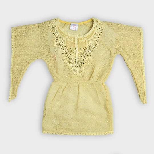 Yellow Neck Embroidered Bat Sleeves Net Top