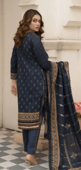 3pc Printed Embroidered lawn shirt Voil Dupatta Dyed Trouser Navy Blue Colour - ValueBox