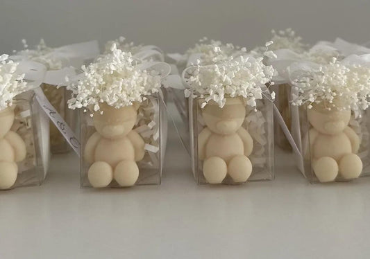 Mini Teddy Bear Candle customised packing Favour decorated with Mini Baby’s Breath - ValueBox