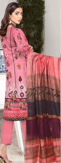 3pc Embroidered Lawn shirt Voil Dupatta Dyed Trouser Pink Colour - ValueBox