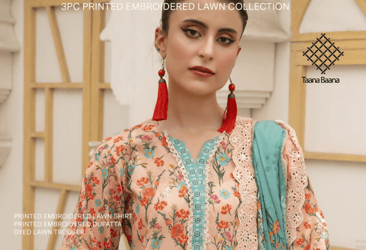 3pc Printed Embroidered lawn shirt Voil Dupatta Dyed Trouser Peach colour