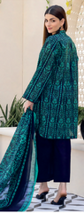 3pc Printed lawn shirt Voil Dupatta lawn Trouser Greenish Colour - ValueBox