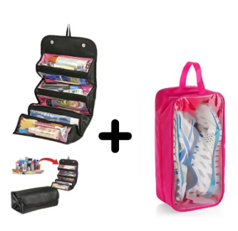 Pack of 02 - Roll n Go Makeup Organizer & Cosmetic Bag with Travel Shoes Organizer Storage Bag