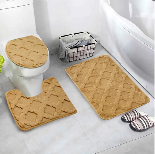 3-PCs-Anti-Skid-Commode-Mat-Set-328-Zig-Zag-Khakki-Apricot-9117