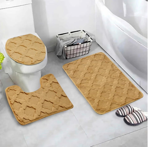 3-PCs-Anti-Skid-Commode-Mat-Set-328-Zig-Zag-Khakki-Apricot-9117