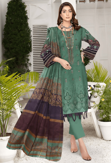 3pc Embroidered Lawn shirt Voil Dupatta Dyed Trouser Green Colour - ValueBox