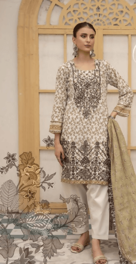 3pc Printed Embroidered lawn shirt Voil Dupatta Dyed Trouser Off white Color