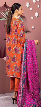 3pc Printed lawn shirt Voil Dupatta lawn Trouser Orange Colour - ValueBox