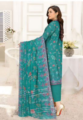 3pc Embroidered Dabi Lawn shirt Voil Dupatta Dyed Trouser Dark Green - ValueBox