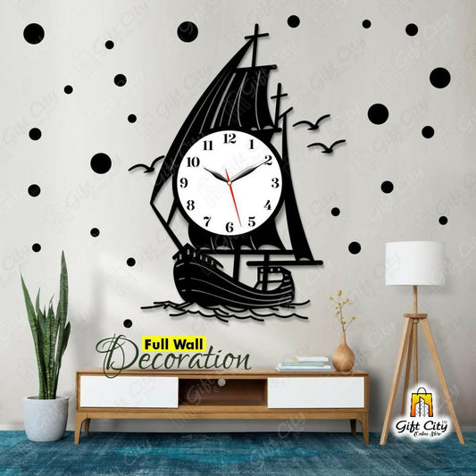 badgeGift City - Yacht Kashti Wooden Wall Clock / 25 Polka Stickers for Home and Offices, 3D Design Self Adhesive