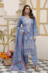 3 pc Printed Embroidered lawn shirt Voil Dupatta Dyed Trouser Light Blue Colour - ValueBox