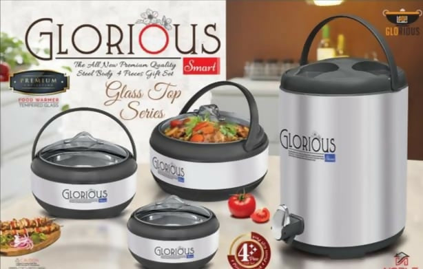 4 pieces Gift Set Glorious Water Cooler and Hot Pots With Glass Top Premium Quality Insulated Material- Food Warmer Double side Food Grade Glazing - Spring Stainless Steel