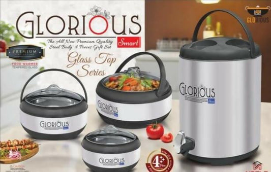4 pieces Gift Set Glorious Water Cooler and Hot Pots With Glass Top Premium Quality Insulated Material- Food Warmer Double side Food Grade Glazing - Spring Stainless Steel - ValueBox