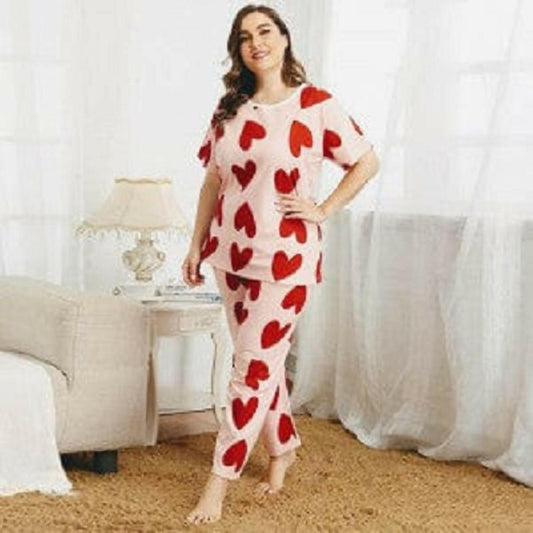 Small Full Heart Printed Trouser Design Stylish Half Sleeves T-Shirt and Pajama
