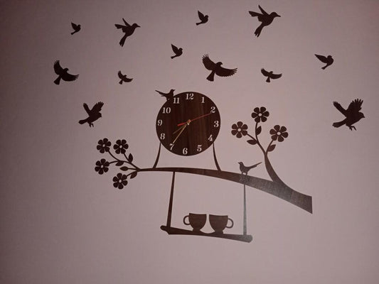 badgeMade by Gift City - Brown Bird on Tree with Coffee Cup Wooden Wall Clock for Home and Offices, 3D Design Self Adhesive