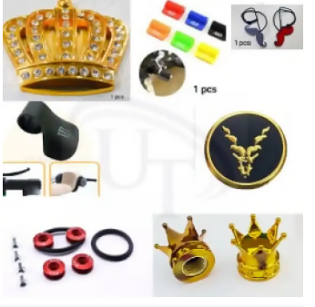 Pack of 7 items New Decoration & Fancy Items (Mustache, Golden Crown With Diamond, Gear Shift Lever Rubber, Wheel Nozel, Markor Logo ,Throttle Clip & Chain Cover Bolt) For Motor Bike - ValueBox