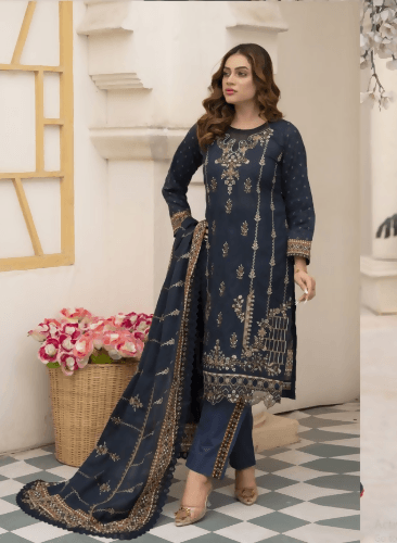 3pc Printed Embroidered lawn shirt Voil Dupatta Dyed Trouser Navy Blue Colour