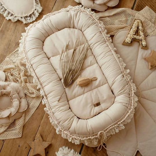Cotton Baby Nest ''Delicious'' with Lace & Pompoms-Beigh