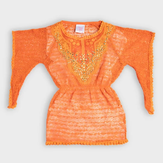 Orange Neck Embroidered Bat Sleeves Net Top