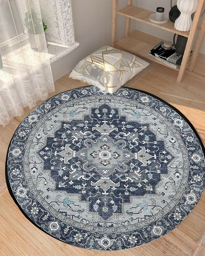 Living Room Rug 100 CM Round-Navy Blue Boho(316)