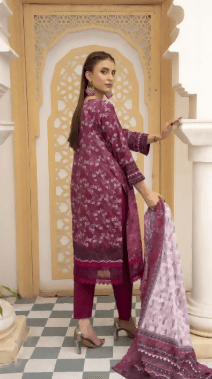 3 pc Printed Embroidered lawn shirt Voil Dupatta Dyed Trouser Maroon Colour