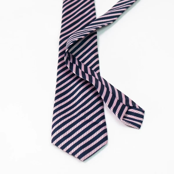 Pink Blue Striped Tie with Pocket Square