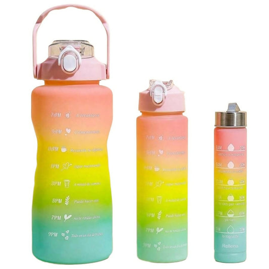 Sports Water Bottles 3 Pcs Set with Motivational Time Marker & Leak Proof Flip Top Lid, Fitness Enthusiasts & Indoor Outdoor Activities, Leakproof Sports Water Bottle