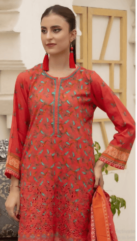 3pc Printed Embroidered lawn shirt Voil Dupatta Dyed Trouser Orange Colour - ValueBox