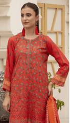 3pc Printed Embroidered lawn shirt Voil Dupatta Dyed Trouser Orange Colour - ValueBox