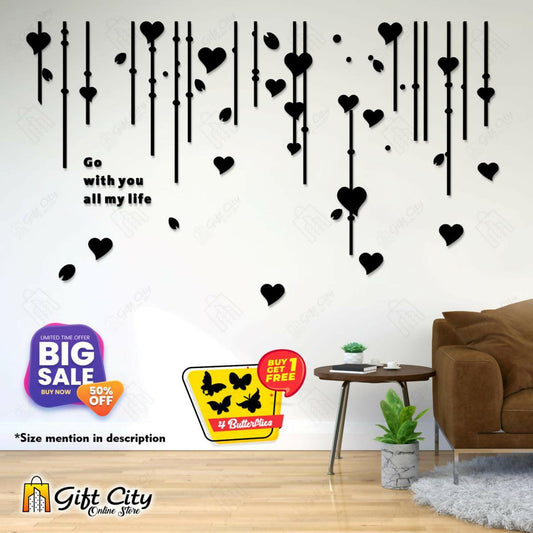 badgeFree Gift - Gift City - Black Wooden Falling Hearts Wall Art for Home & Office Wall Stickers