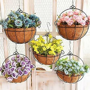 Pack of 5 Metal Flower Hanging Basket coco liner Medium Size 10 inch Black for Home and Garden Decor