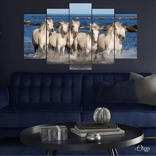 White Camargue Horses At Ocean (5 Panels) | Animal Wall Art - ValueBox