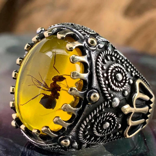 Turkish Handmade Theme Yellow oval with Ant in stone Ring For Men - ValueBox