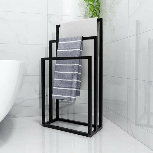 Metal Towel Bathroom Rack 3 Bars Freestanding Drying Shelf 3 Tier Storage Organizer Brown Washcloths Holder (Black)