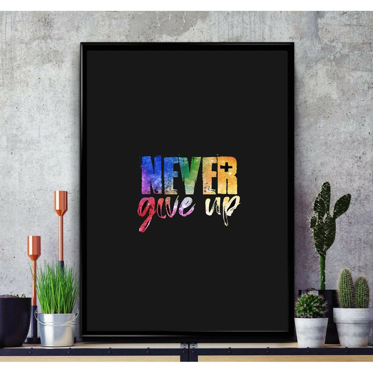 Never Give Up Quotes Poster Wall Hanging Glass Photo Frame in Premium Glossy Photo Paper A4 8x12” size for Home Decor and Decoration Accessories