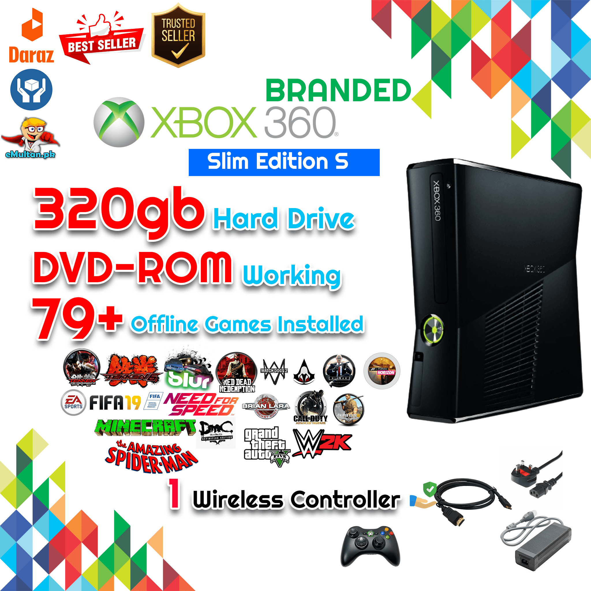 Xbox 360 Console Slim Model 320 Jtag 75 Games included 1 Wireless Controllers - ValueBox