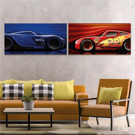 Home Decor & Wall Decor Painting McQueen Vs Storm | Cars 3 Movie (2 Panel) | Cartoon Wall Art - ValueBox